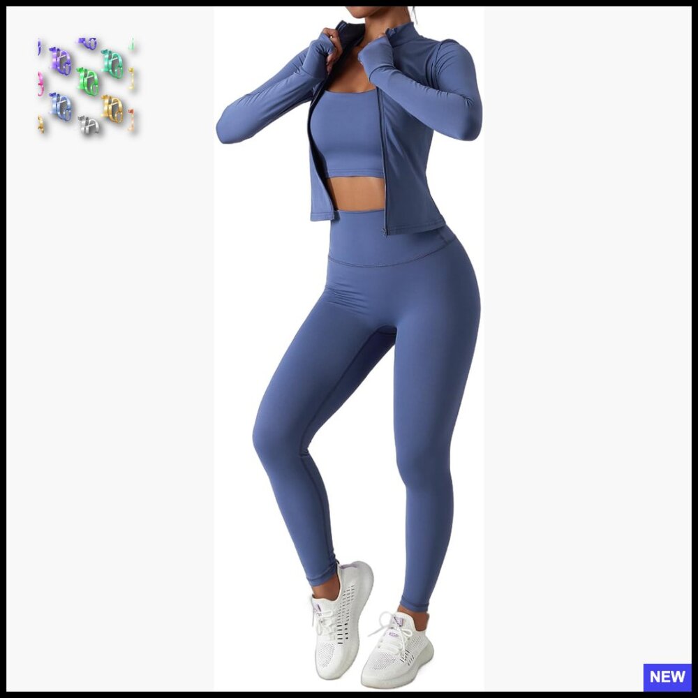 Workout Set Sports Bra Leggings Jacket Thumbholes Yoga Activewear Gym